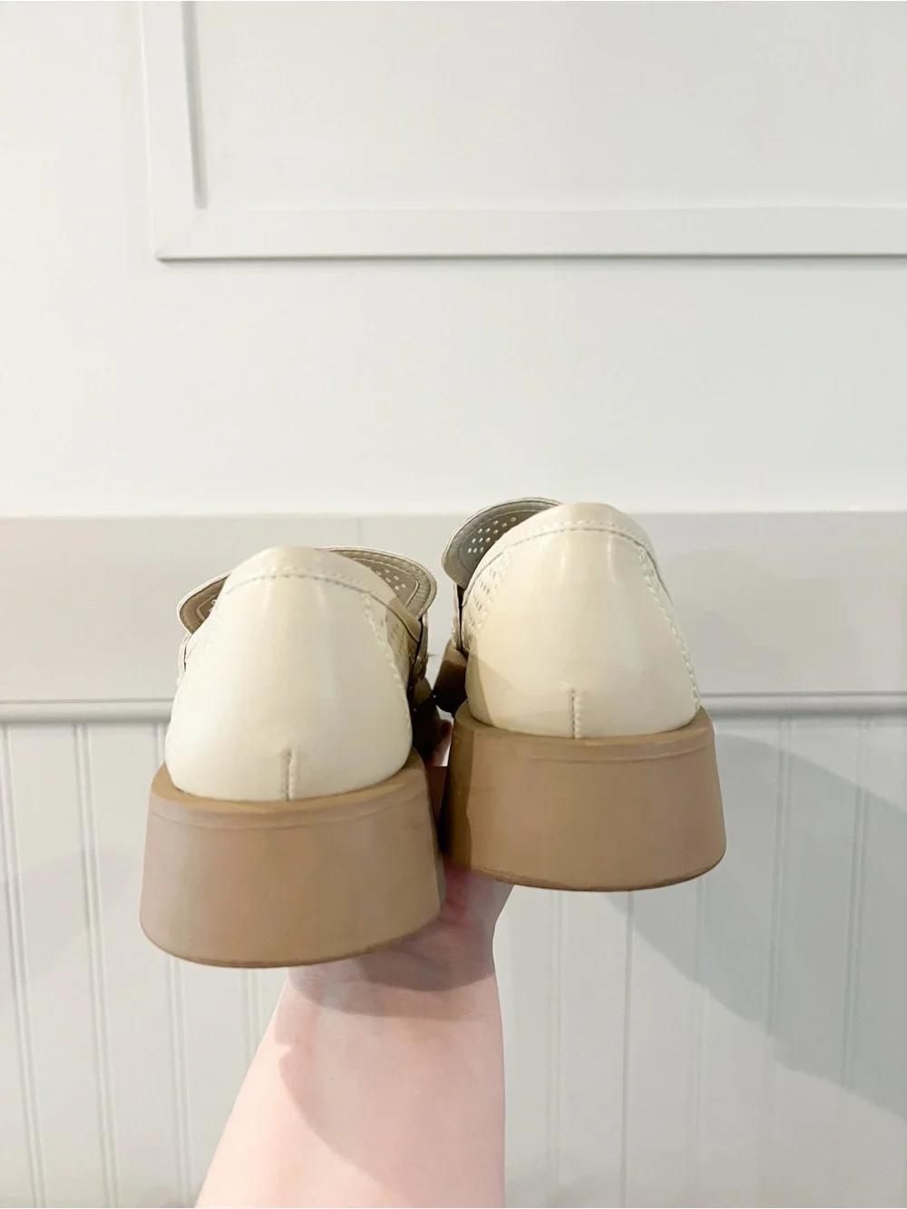 Dolce Vita Cream Perforated Penny Loafers with Tan Lug Sole - Picture 4 of 7